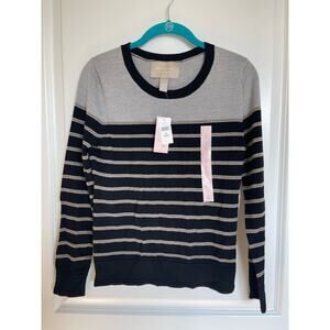 Banana Republic Small Petite Black Beige Stripe 100% Merino Wool Sweater NEW